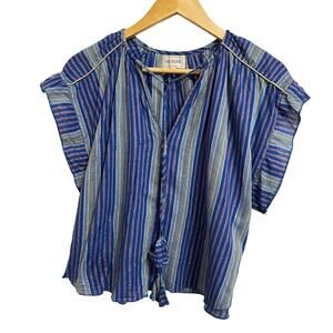 4our Dreamers blue metallic striped‎ v neck tassel blouse size Small